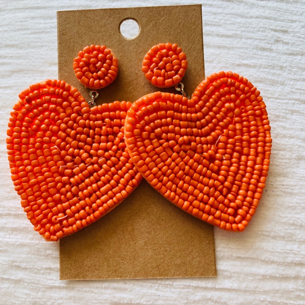Orange beaded heart drop earrings